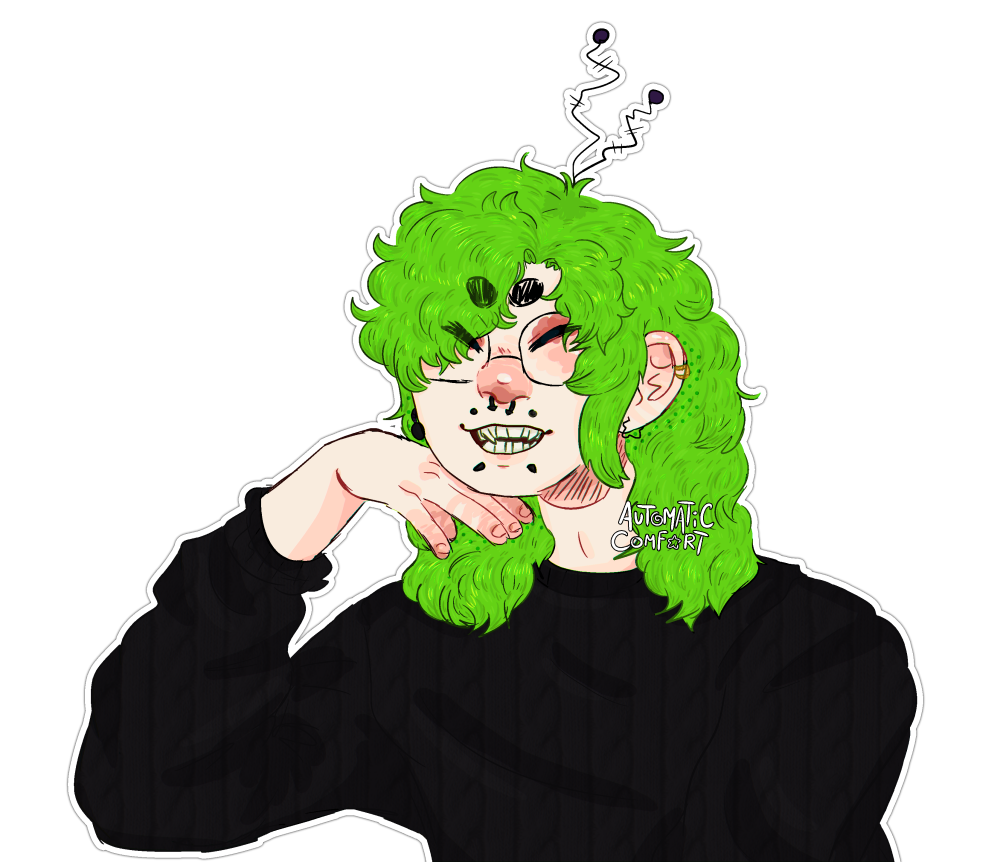 A drawing of an androgynous man with long lime green hair
